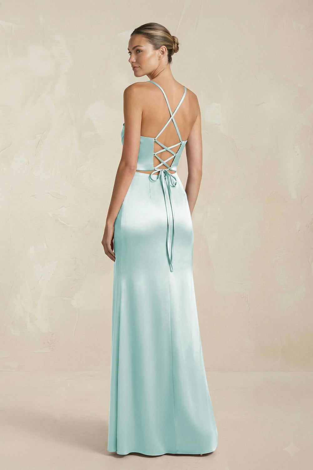 Cami Strap Corset Sheath Satin Ruched Bridesmaid Dress in Mist