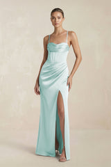 Cami Strap Corset Sheath Satin Ruched Bridesmaid Dress in Mist - KISS BRIDAL Bridesmaid Dresses