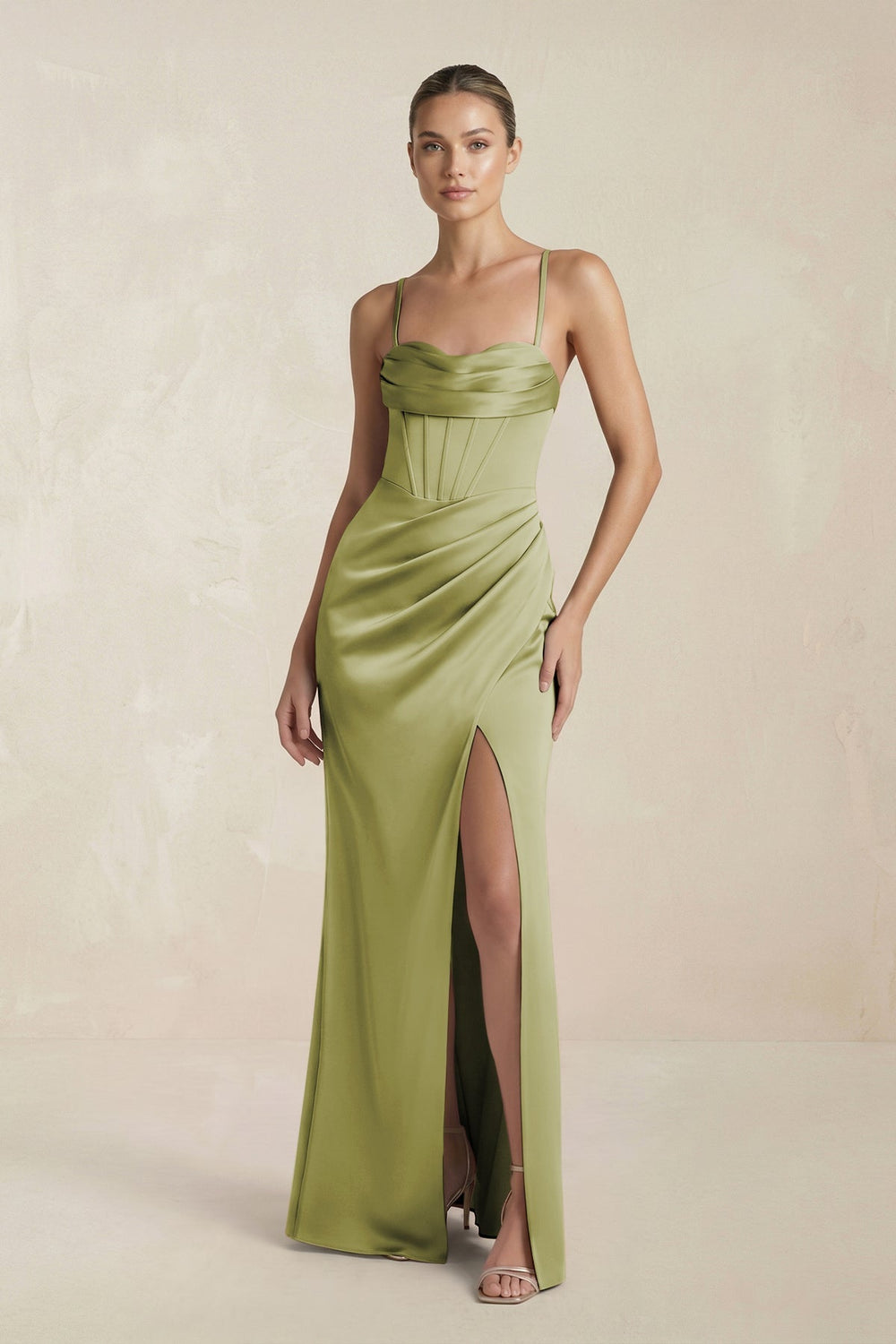 Cami Strap Corset Sheath Satin Ruched Bridesmaid Dress in Moss Green