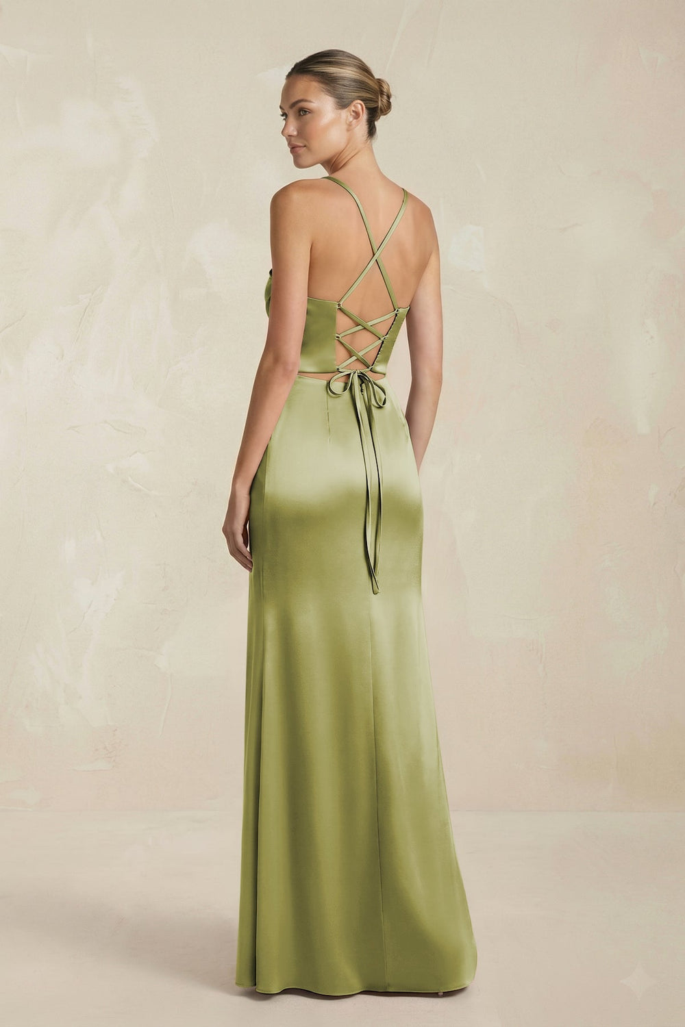 Cami Strap Corset Sheath Satin Ruched Bridesmaid Dress in Moss Green