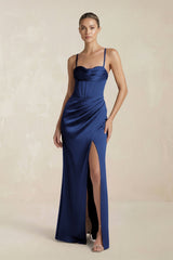 Cami Strap Corset Sheath Satin Ruched Bridesmaid Dress in Navy - KISS BRIDAL Bridesmaid Dresses