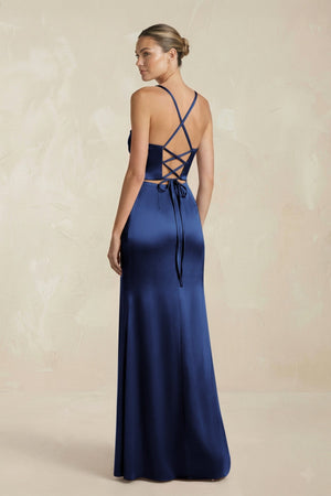 Cami Strap Corset Sheath Satin Ruched Bridesmaid Dress in Navy - KISS BRIDAL Bridesmaid Dresses