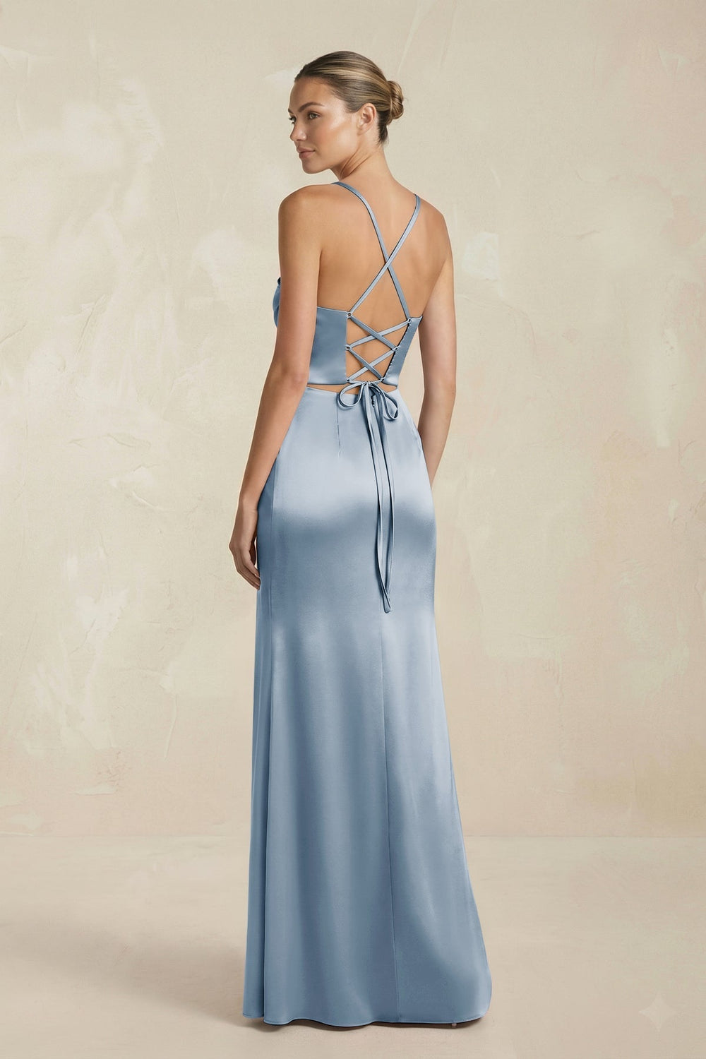 Cami Strap Corset Sheath Satin Ruched Bridesmaid Dress in Neptune