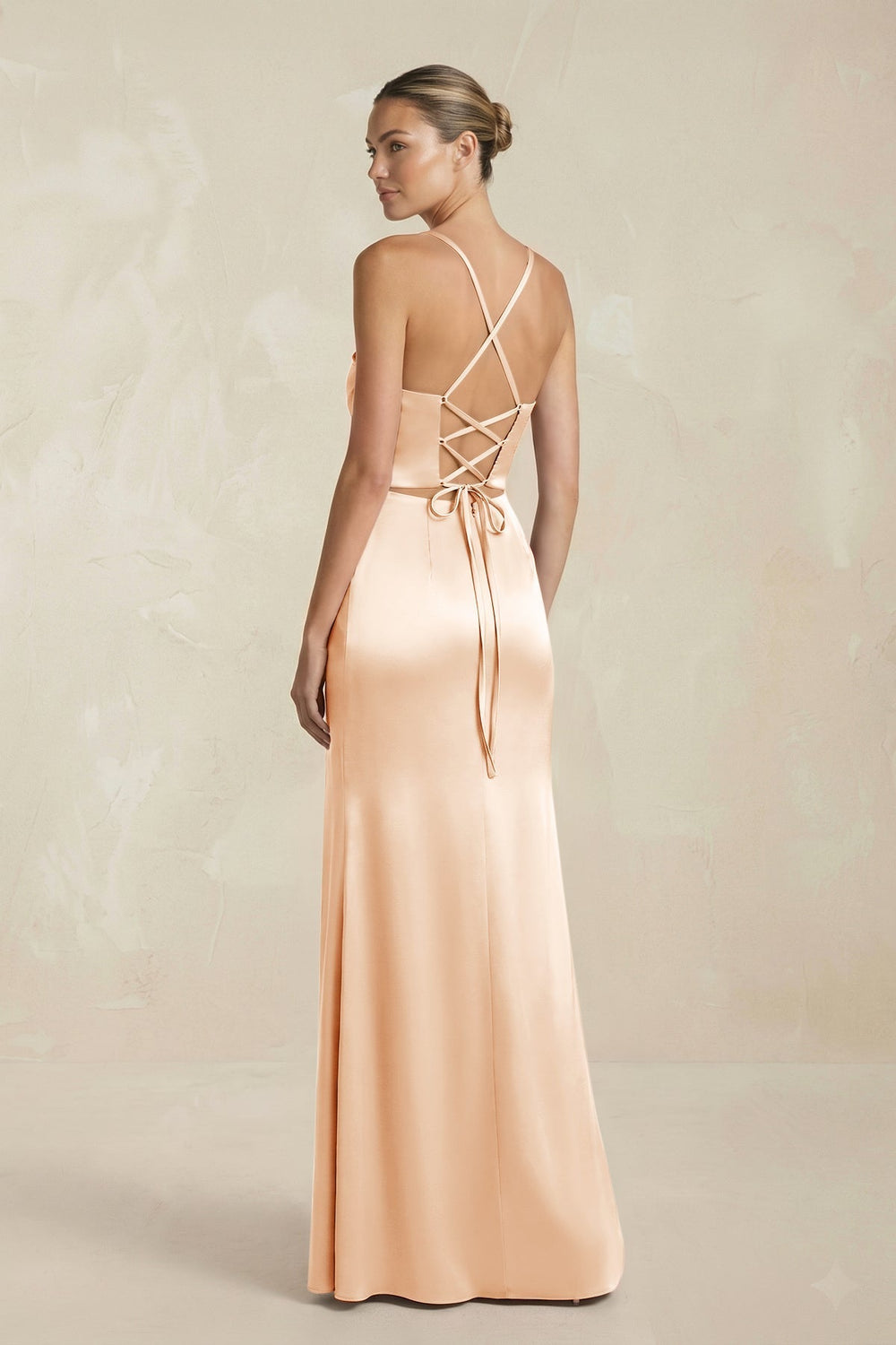 Cami Strap Corset Sheath Satin Ruched Bridesmaid Dress in Pale Blush
