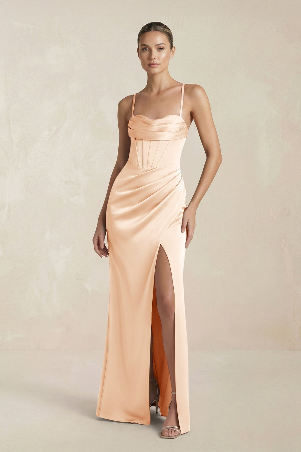 Cami Strap Corset Sheath Satin Ruched Bridesmaid Dress in Pale Blush