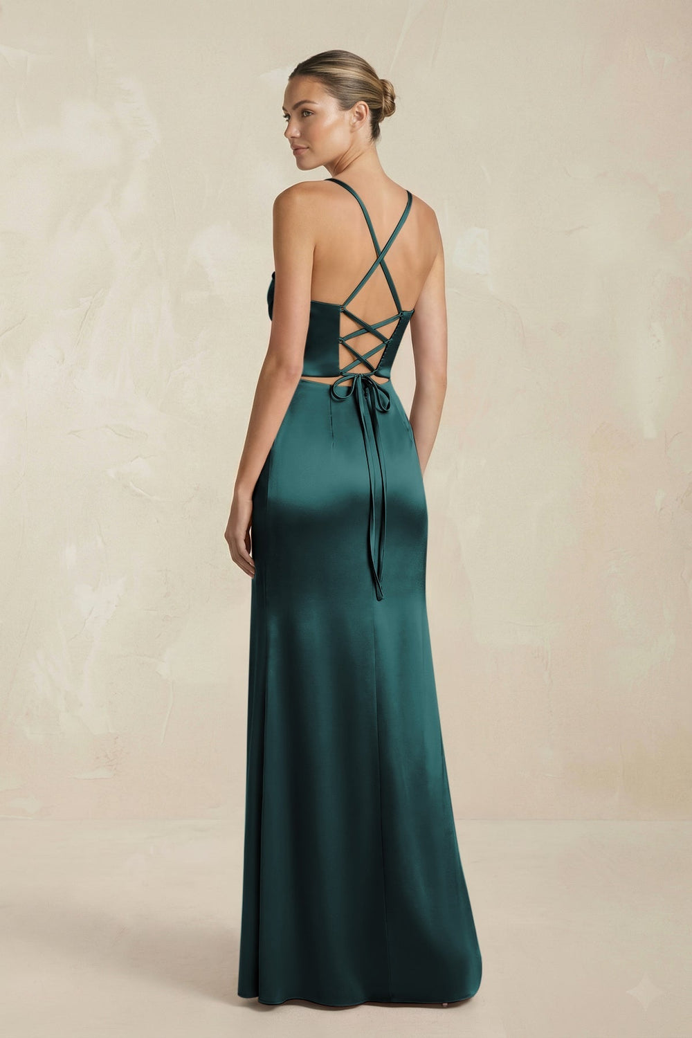 Cami Strap Corset Sheath Satin Ruched Bridesmaid Dress in Pine