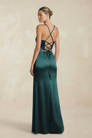 Cami Strap Corset Sheath Satin Ruched Bridesmaid Dress in Pine - KISS BRIDAL Bridesmaid Dresses