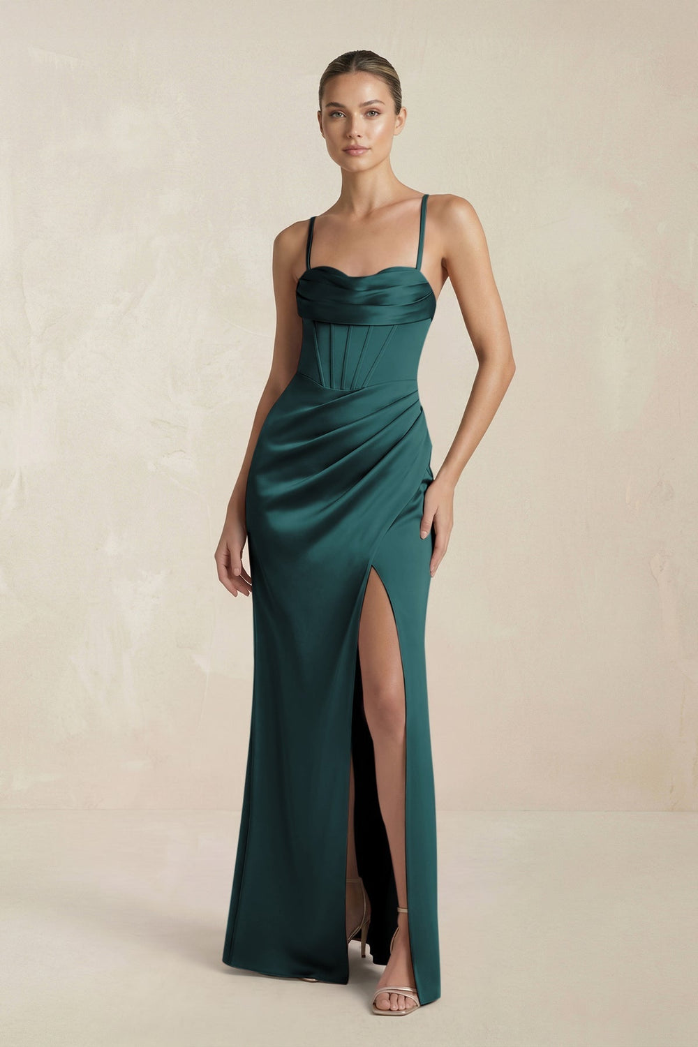 Cami Strap Corset Sheath Satin Ruched Bridesmaid Dress in Pine