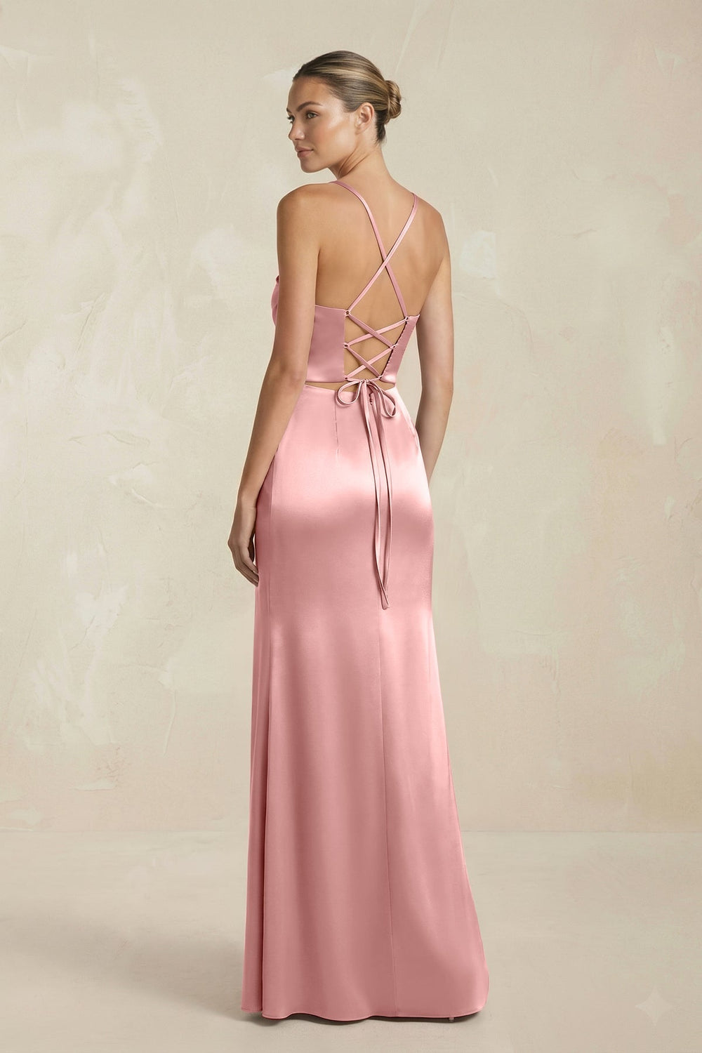 Cami Strap Corset Sheath Satin Ruched Bridesmaid Dress in Rosette