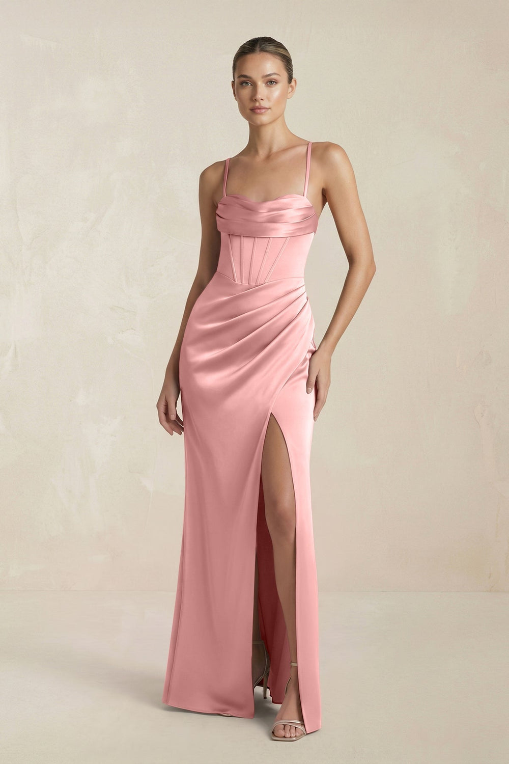Cami Strap Corset Sheath Satin Ruched Bridesmaid Dress in Rosette