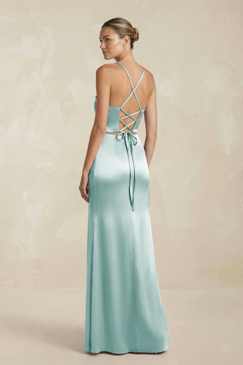 Cami Strap Corset Sheath Satin Ruched Bridesmaid Dress in Sage