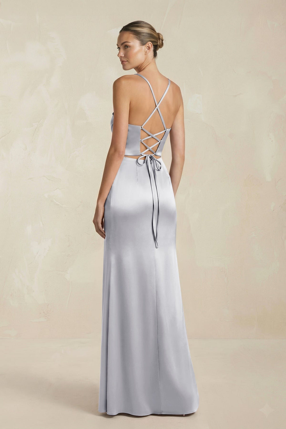 Cami Strap Corset Sheath Satin Ruched Bridesmaid Dress in Silver