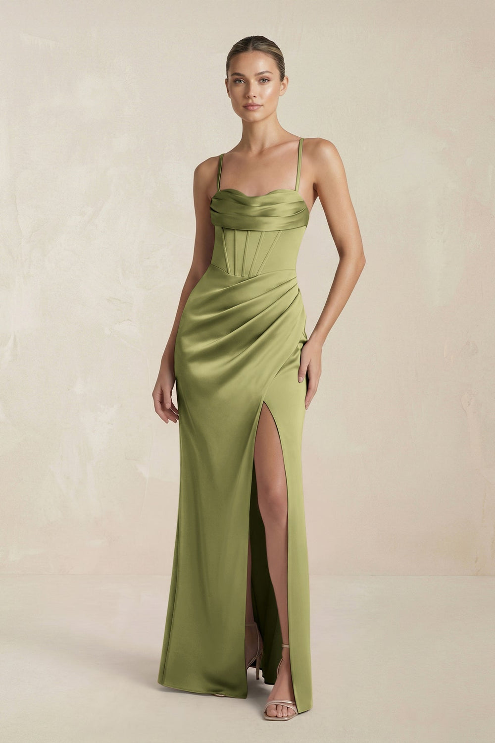Cami Strap Corset Sheath Satin Ruched Bridesmaid Dress in Thyme
