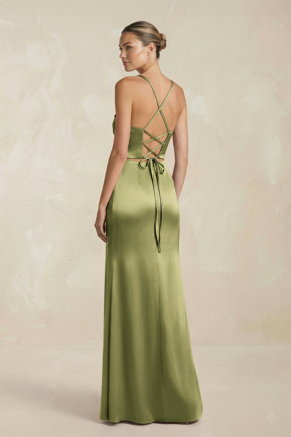 Cami Strap Corset Sheath Satin Ruched Bridesmaid Dress in Thyme