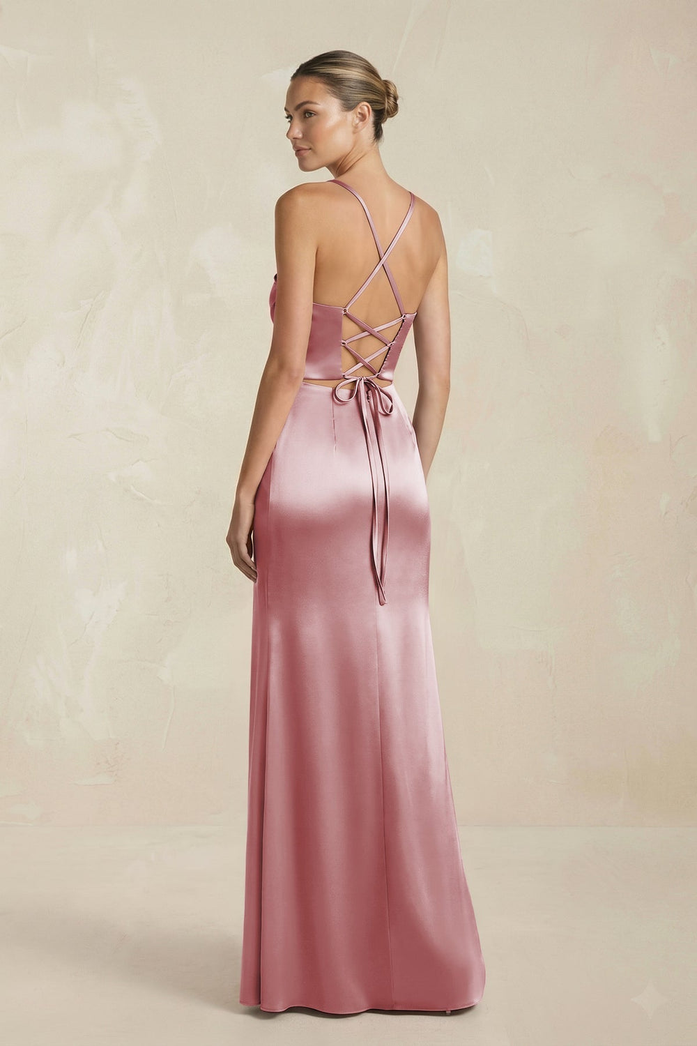 Cami Strap Corset Sheath Satin Ruched Bridesmaid Dress in Toffee