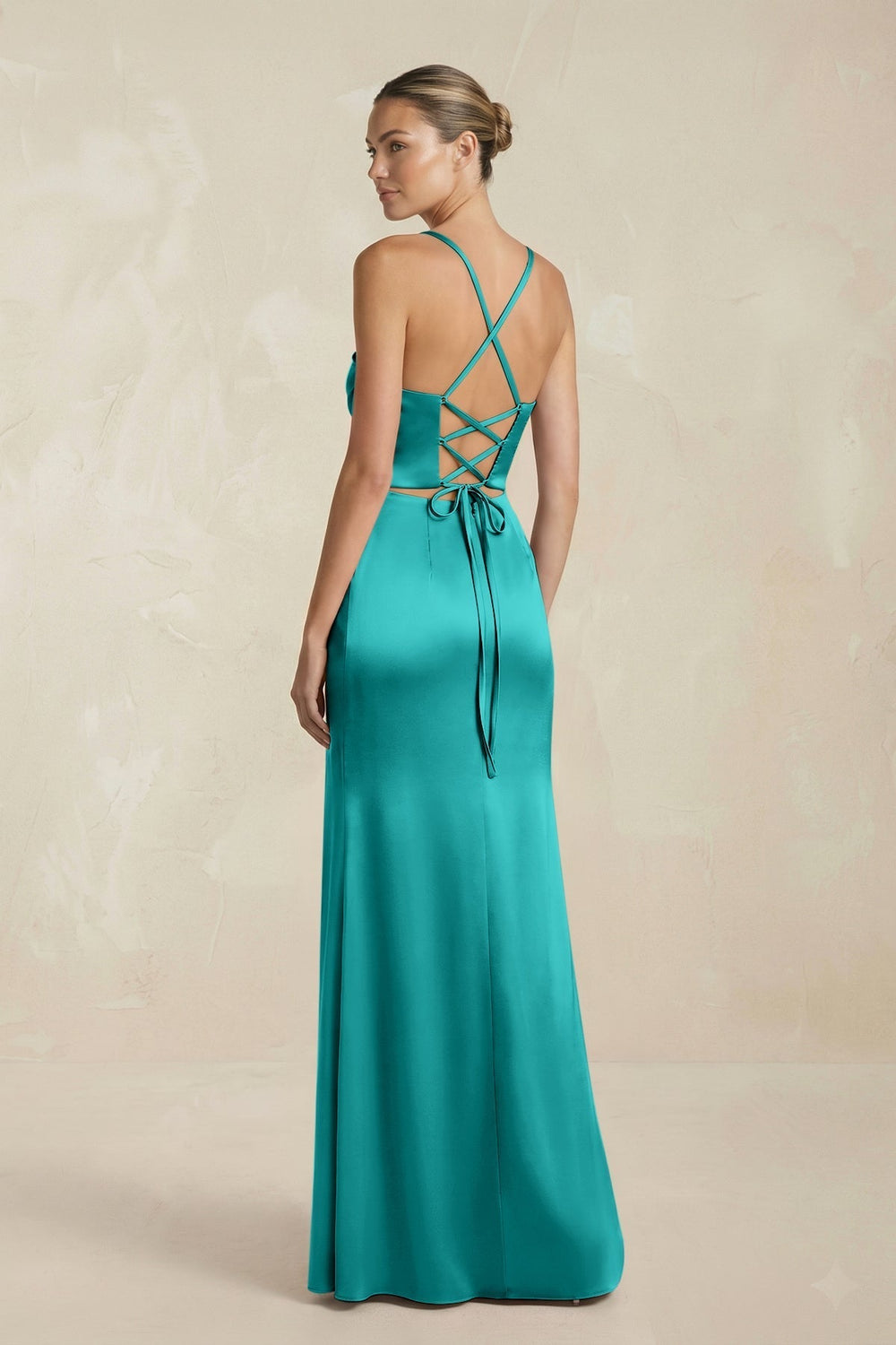 Cami Strap Corset Sheath Satin Ruched Bridesmaid Dress in Turquoise