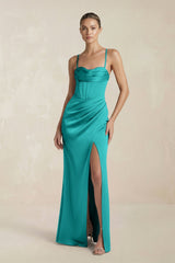 Cami Strap Corset Sheath Satin Ruched Bridesmaid Dress in Turquoise - KISS BRIDAL Bridesmaid Dresses