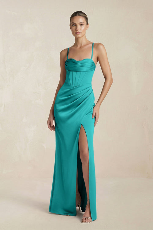 Cami Strap Corset Sheath Satin Ruched Bridesmaid Dress in Turquoise - KISS BRIDAL Bridesmaid Dresses