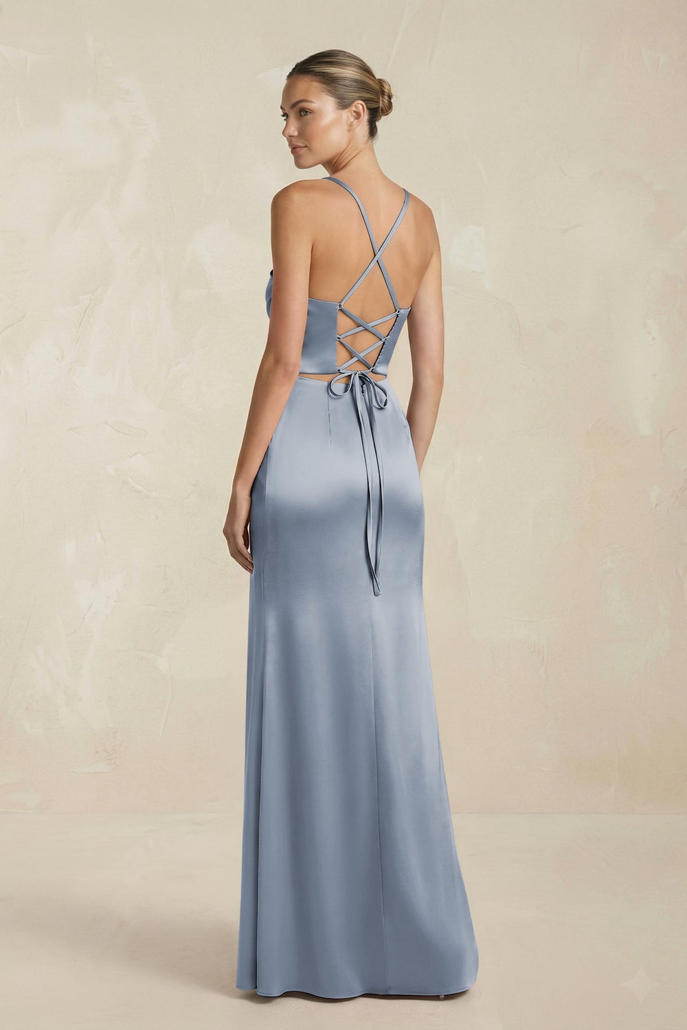 Cami Strap Corset Sheath Satin Ruched Bridesmaid Dress in Twilight