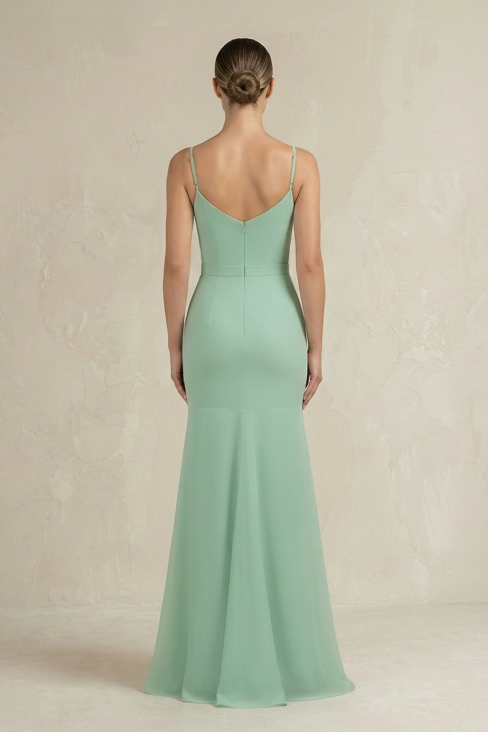 Cami Strap Mermaid Ruffled Chiffon Bridesmaid Dress in Pale Pistachio