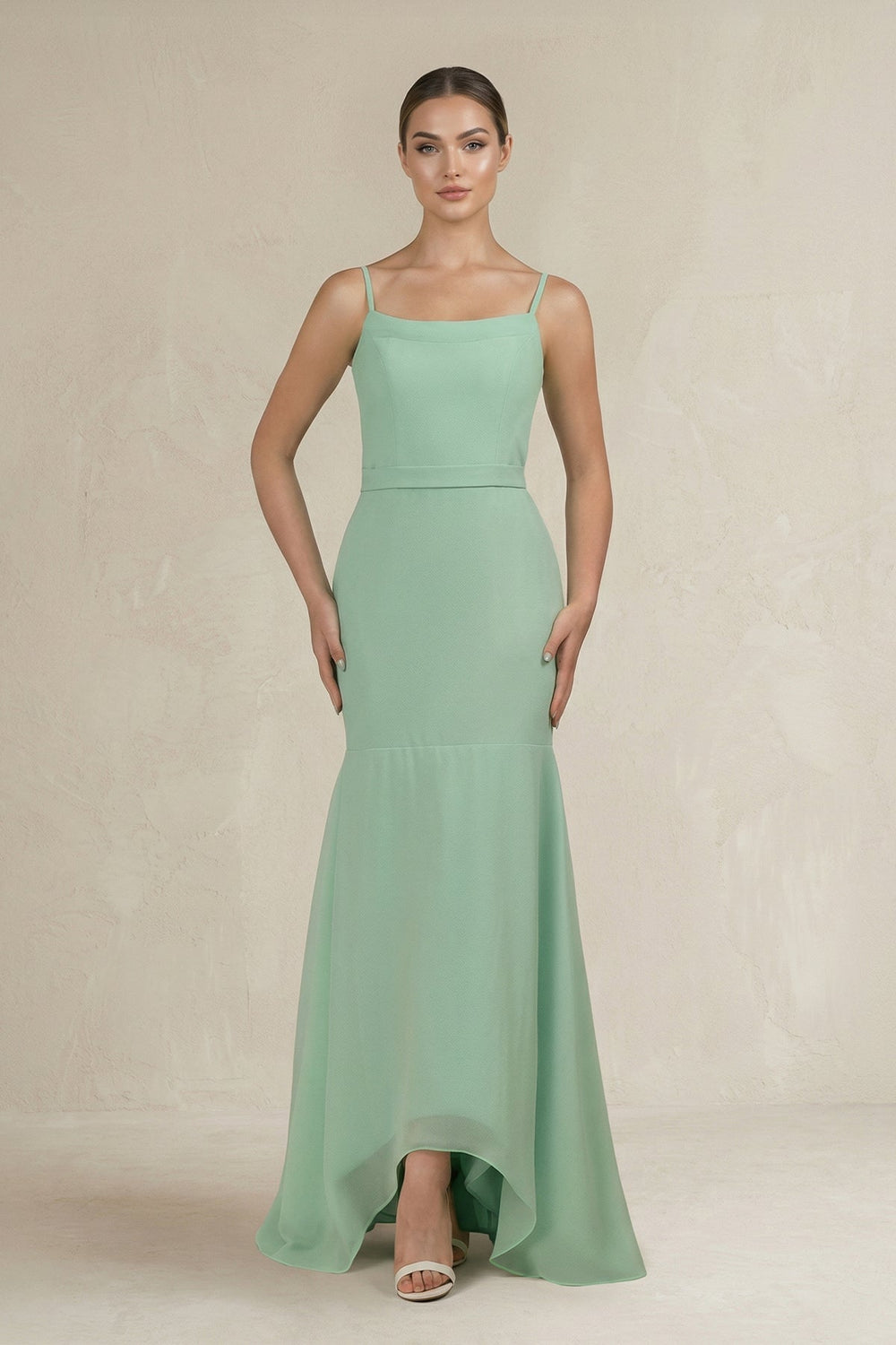 Cami Strap Mermaid Ruffled Chiffon Bridesmaid Dress in Pale Pistachio