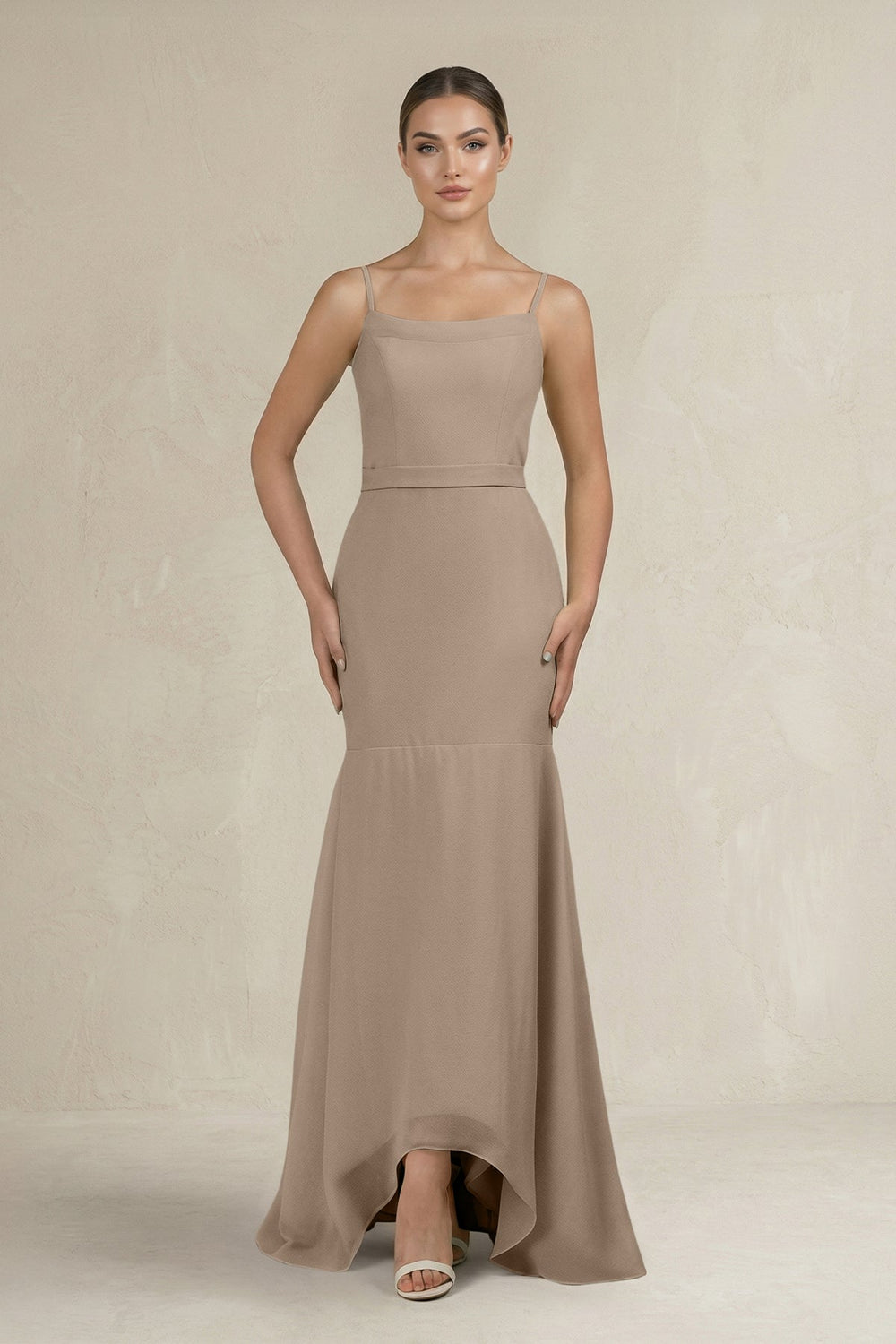 Cami Strap Mermaid Ruffled Chiffon Bridesmaid Dress in Almond