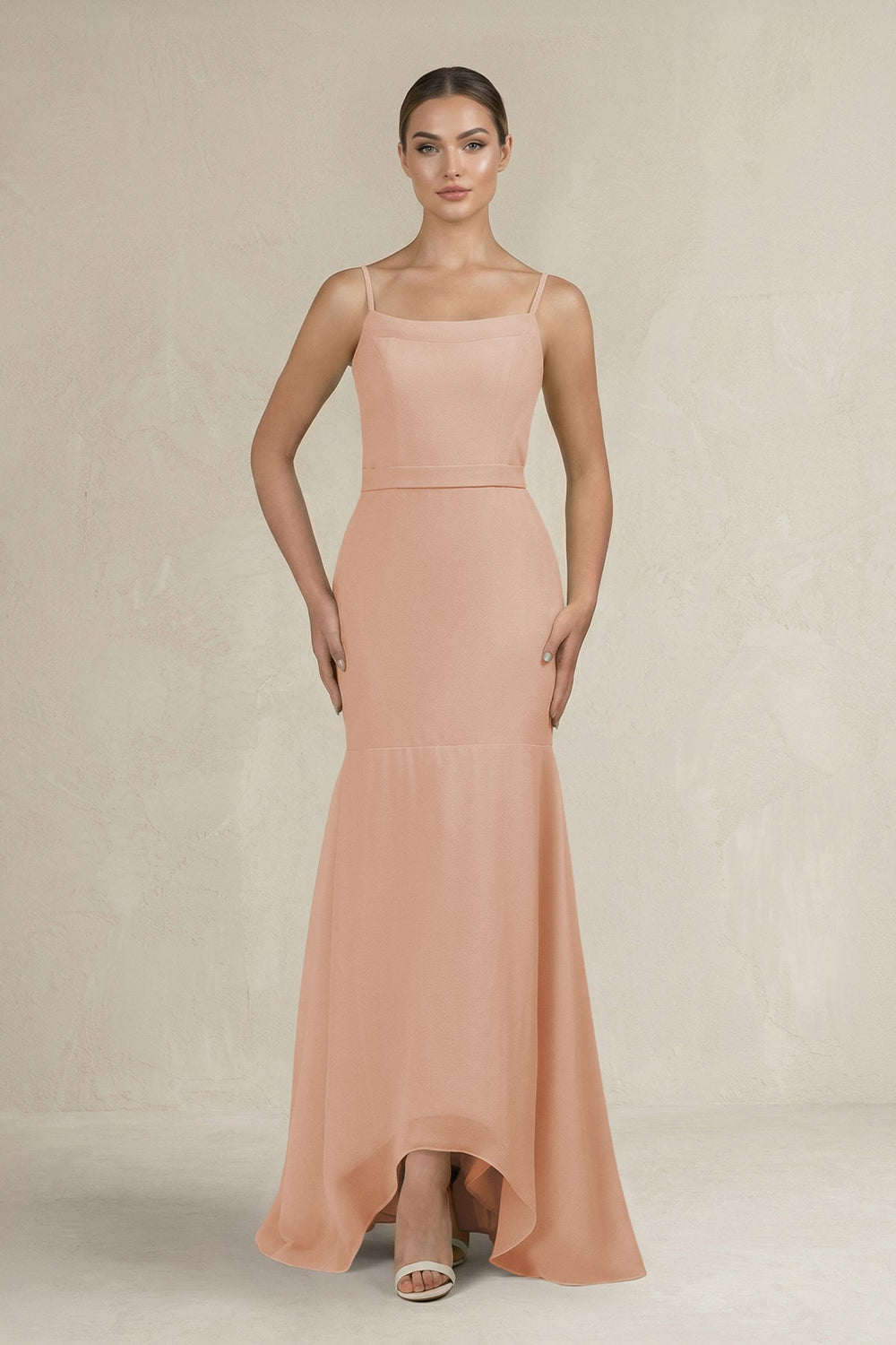 Cami Strap Mermaid Ruffled Chiffon Bridesmaid Dress in Champagne Rose