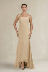 Cami Strap Mermaid Ruffled Chiffon Bridesmaid Dress in Champagne | KISSBRIDAL