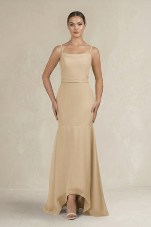 Cami Strap Mermaid Ruffled Chiffon Bridesmaid Dress in Champagne | KISSBRIDAL