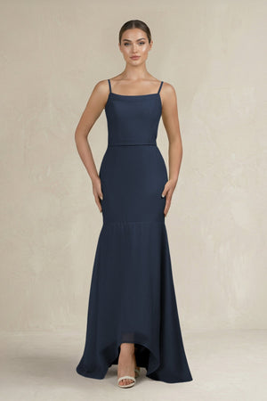 Cami Strap Mermaid Ruffled Chiffon Bridesmaid Dress in Dark Navy - KISS BRIDAL Bridesmaid Dresses