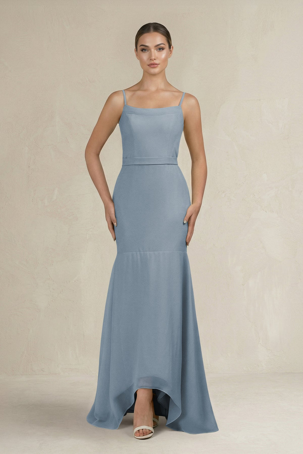 Cami Strap Mermaid Ruffled Chiffon Bridesmaid Dress in Dusty Blue