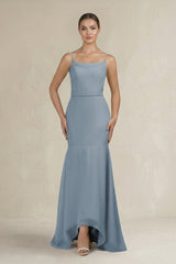 Cami Strap Mermaid Ruffled Chiffon Bridesmaid Dress in Dusty Blue | KISSBRIDAL