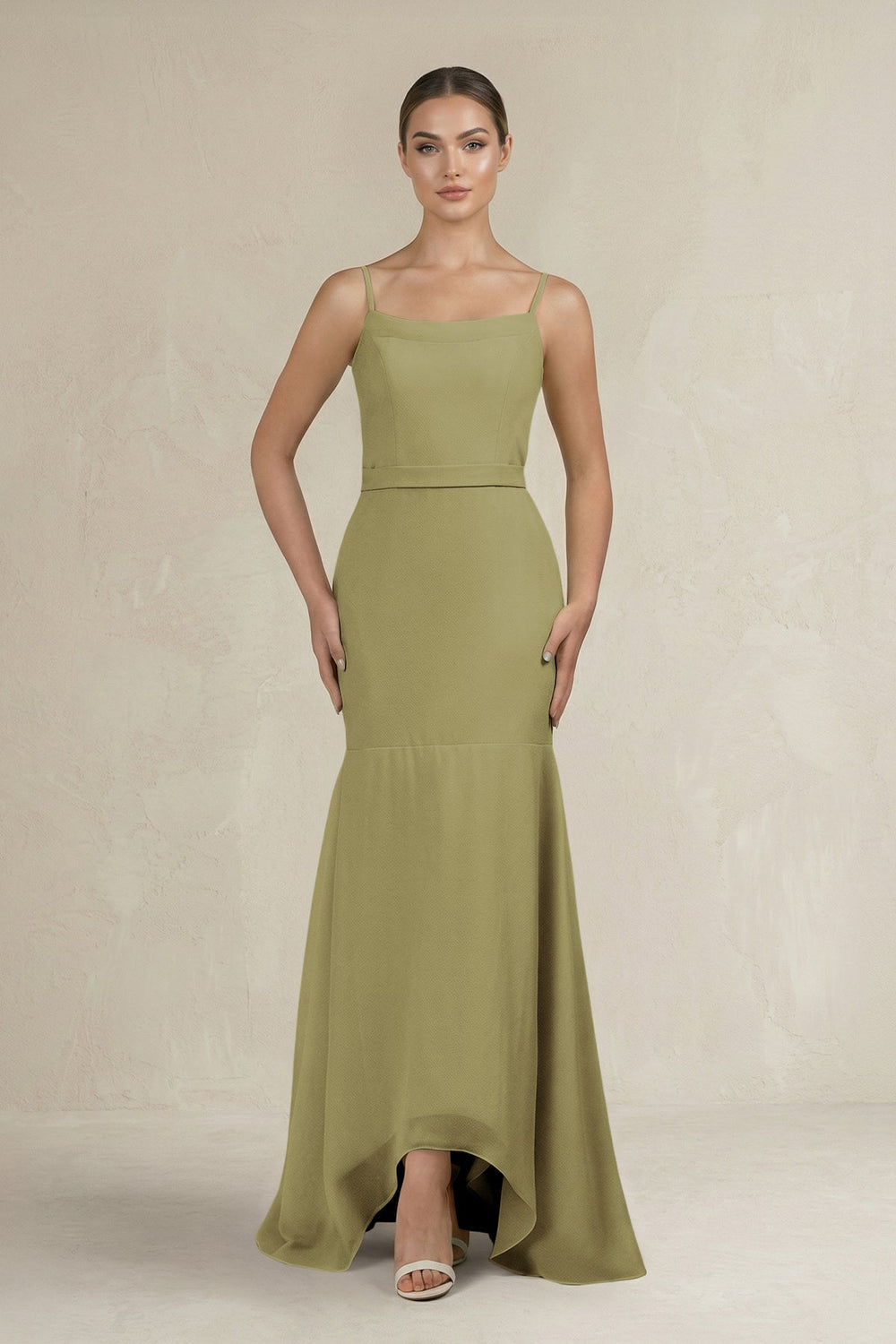 Cami Strap Mermaid Ruffled Chiffon Bridesmaid Dress in Moss Green