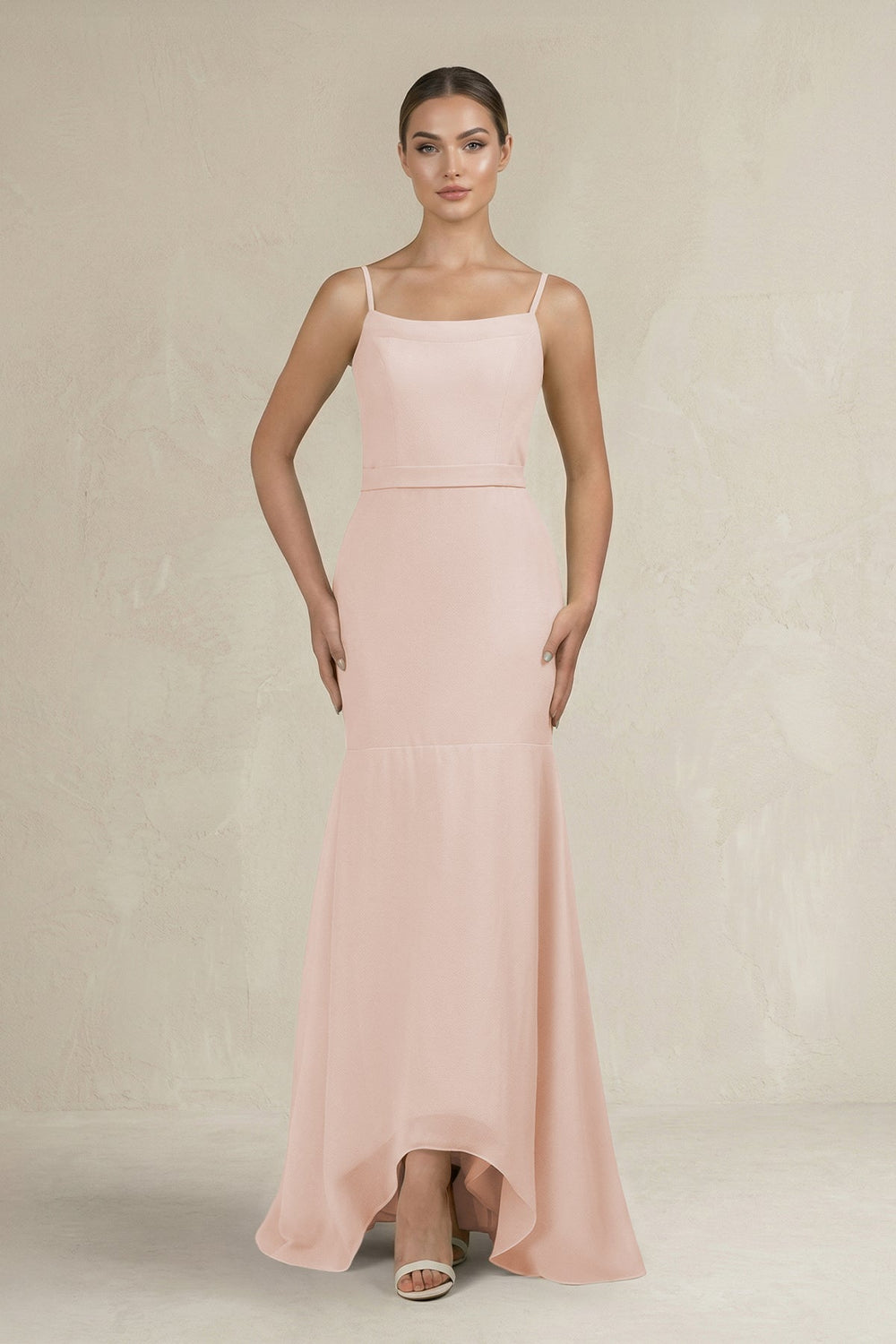 Cami Strap Mermaid Ruffled Chiffon Bridesmaid Dress in Pale Blush