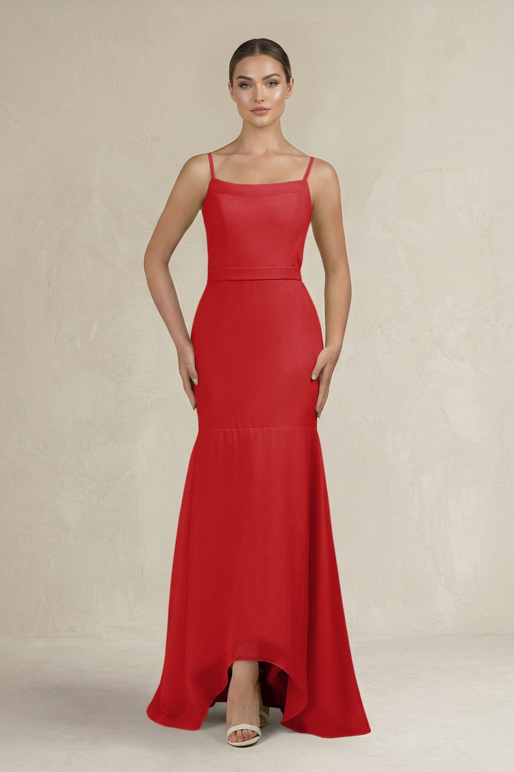 Cami Strap Mermaid Ruffled Chiffon Bridesmaid Dress in Ruby Red