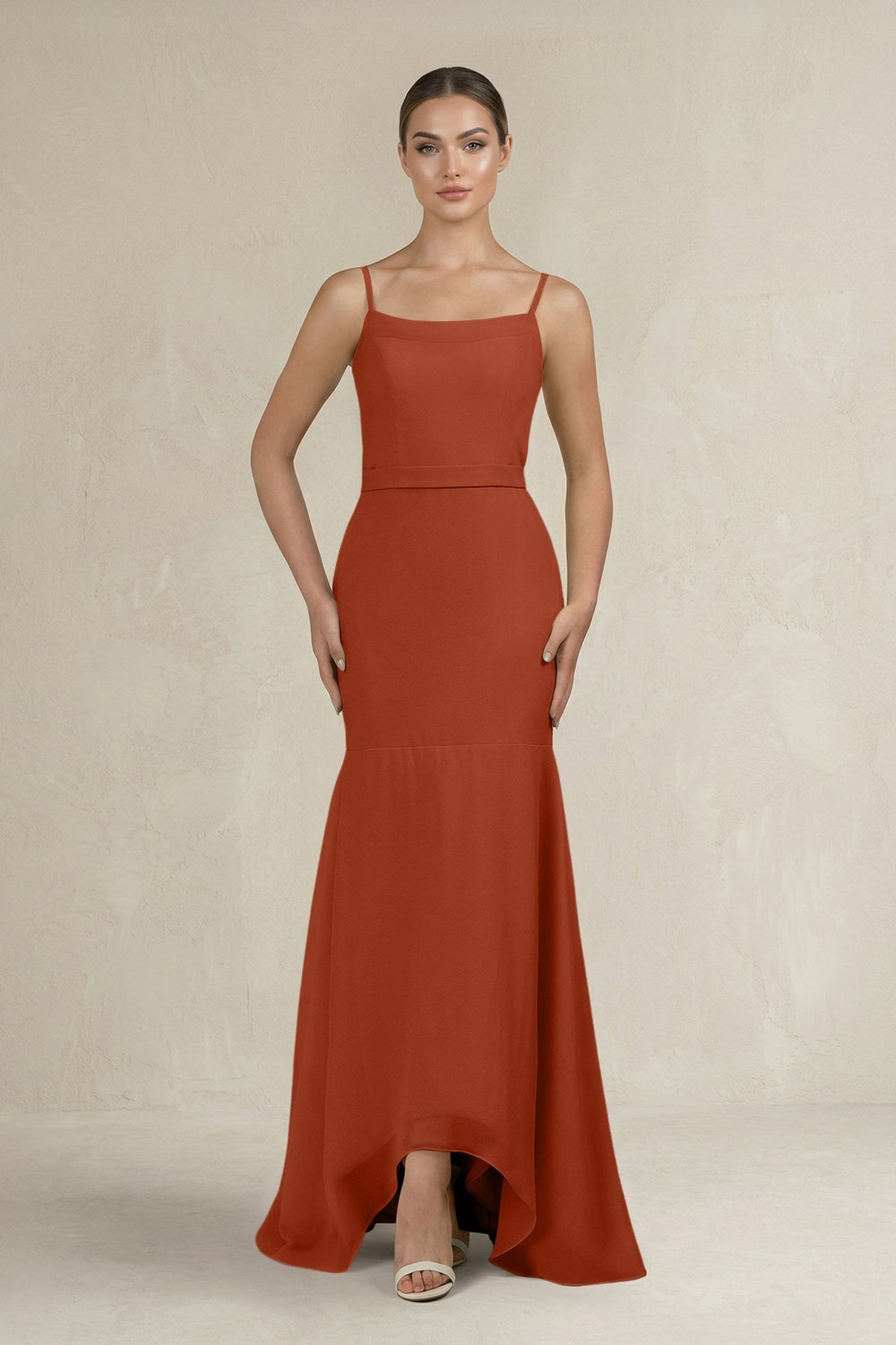 Cami Strap Mermaid Ruffled Chiffon Bridesmaid Dress in Spice