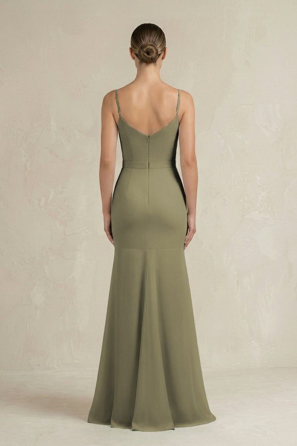 Cami Strap Mermaid Ruffled Chiffon Bridesmaid Dress in Thyme (2) | KISSBRIDAL