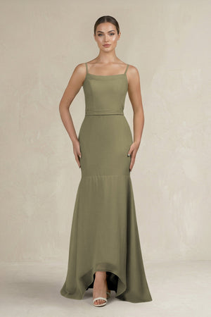 Cami Strap Mermaid Ruffled Chiffon Bridesmaid Dress in Thyme | KISSBRIDAL