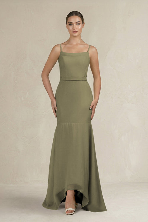 Cami Strap Mermaid Ruffled Chiffon Bridesmaid Dress in Thyme | KISSBRIDAL
