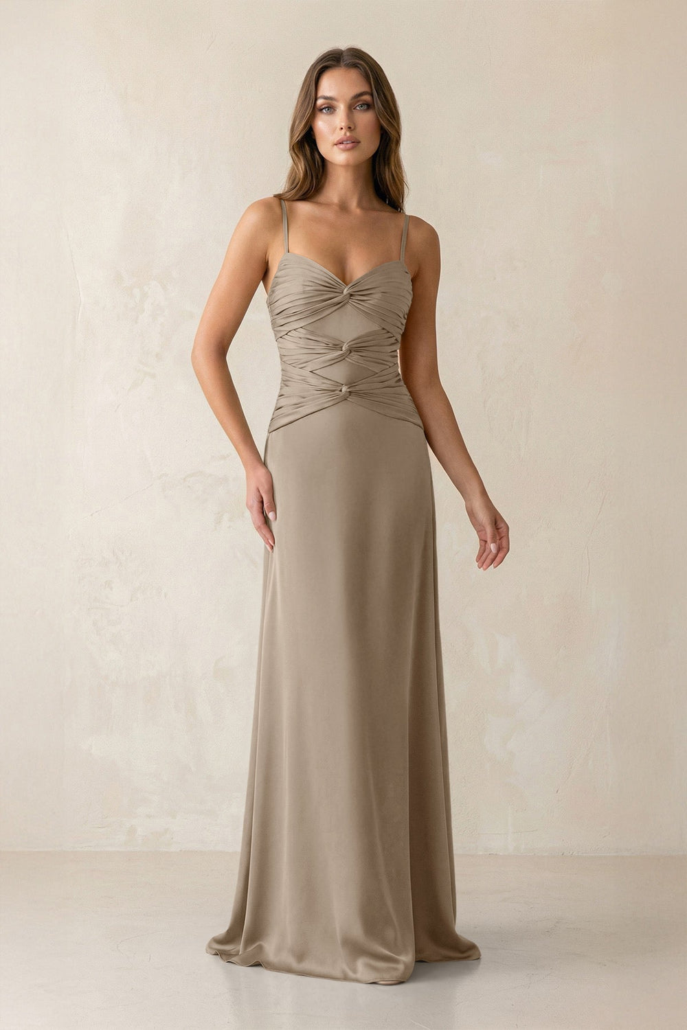 Cami Strap Pleated Sheath Satin Bridesmaid Dress in Almond