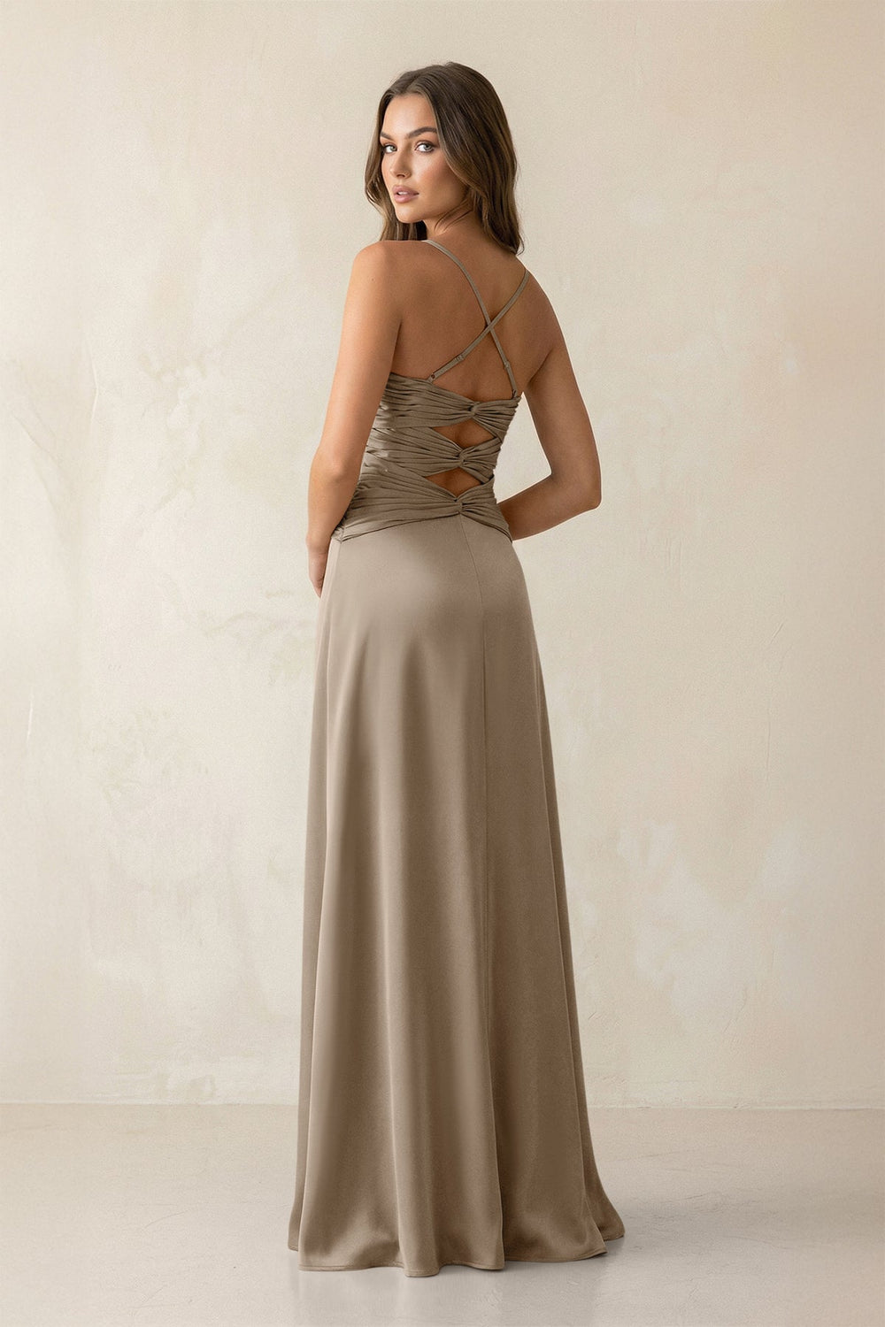 Cami Strap Pleated Sheath Satin Bridesmaid Dress in Almond