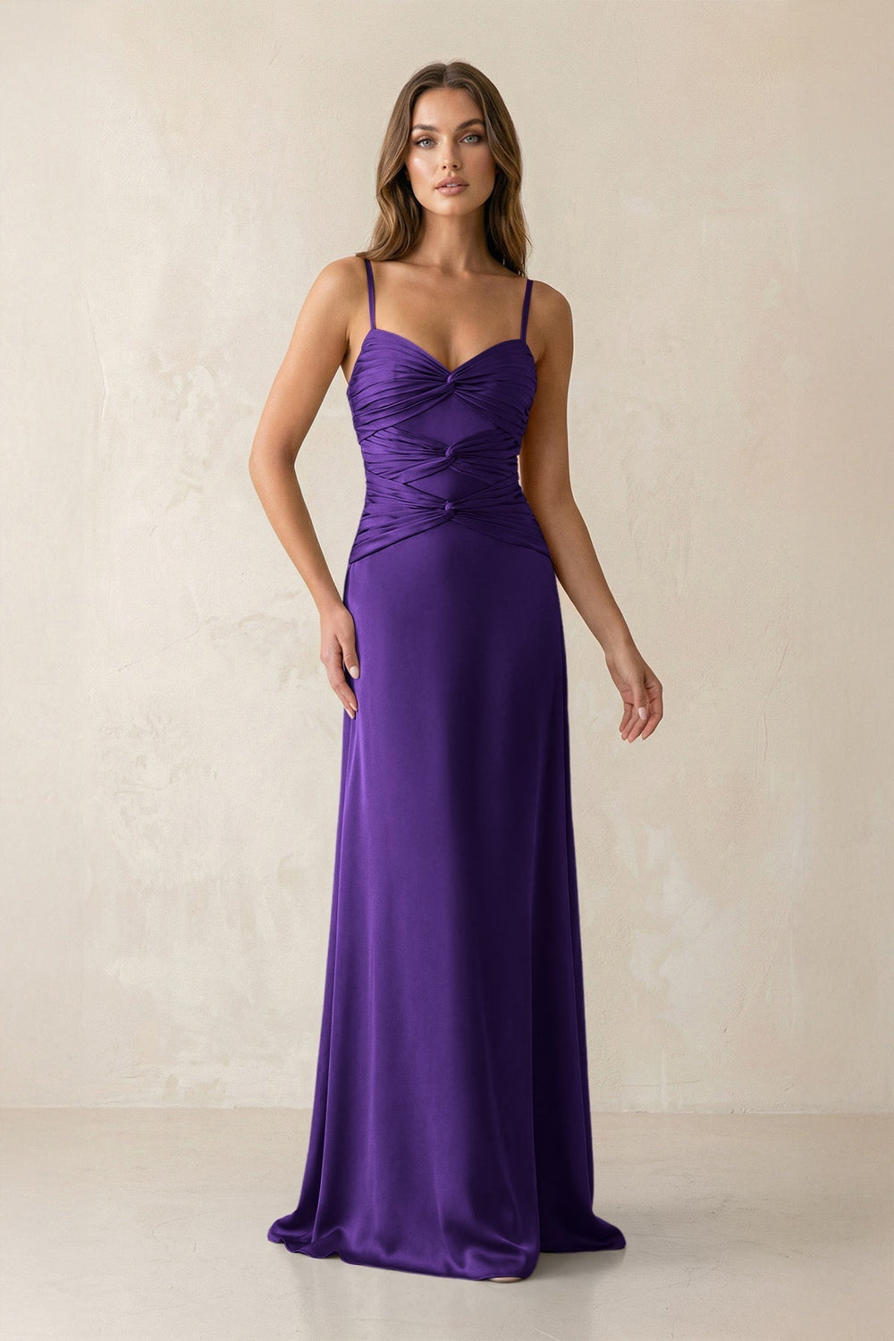 Cami Strap Pleated Sheath Satin Bridesmaid Dress in Amethyst