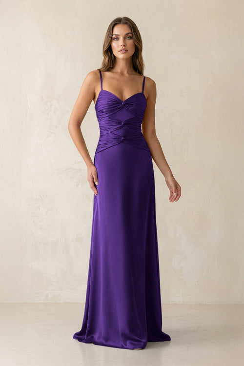Cami Strap Pleated Sheath Satin Bridesmaid Dress in Amethyst - KISS BRIDAL Bridesmaid Dresses