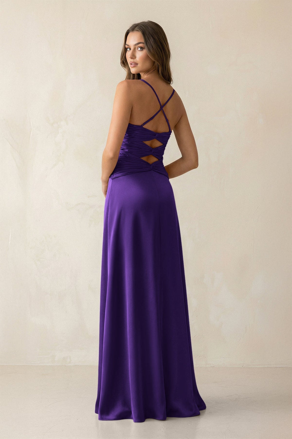 Cami Strap Pleated Sheath Satin Bridesmaid Dress in Amethyst