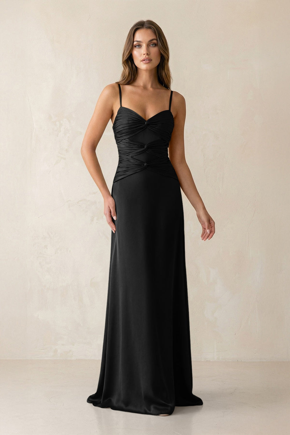 Cami Strap Pleated Sheath Satin Bridesmaid Dress in Black