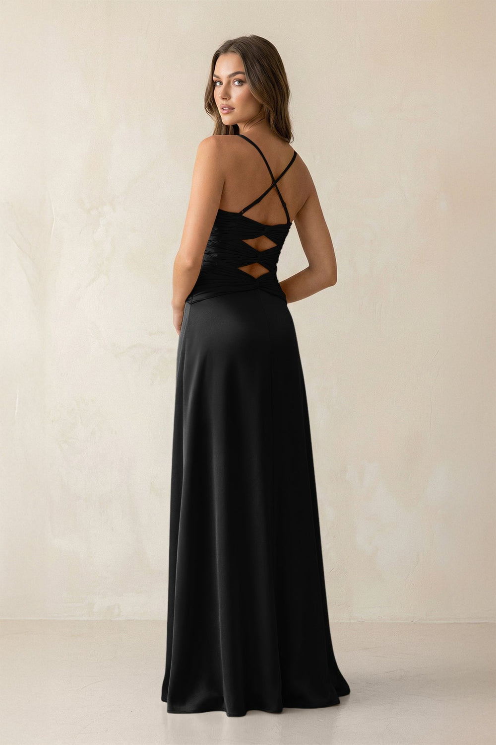 Cami Strap Pleated Sheath Satin Bridesmaid Dress in Black