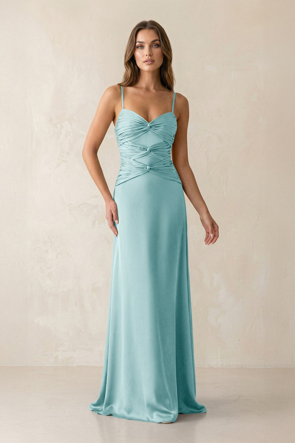 Cami Strap Pleated Sheath Satin Bridesmaid Dress in Bleached Aqua