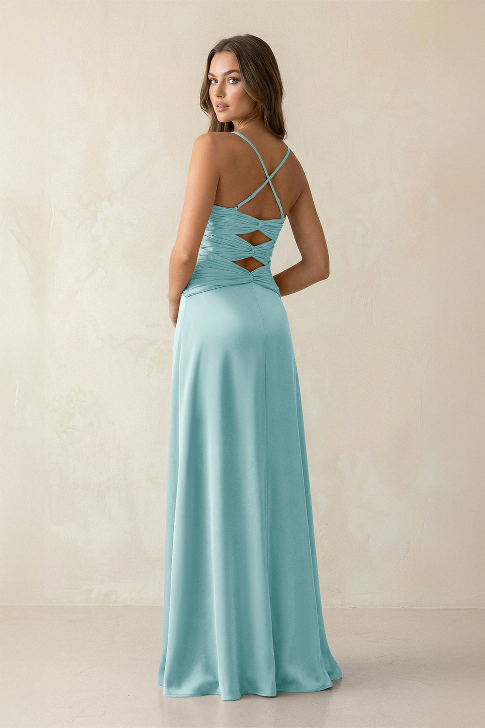 Cami Strap Pleated Sheath Satin Bridesmaid Dress in Bleached Aqua