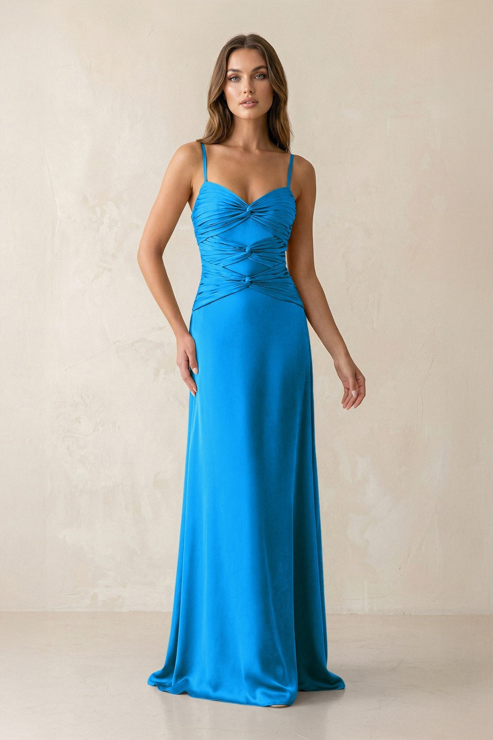 Cami Strap Pleated Sheath Satin Bridesmaid Dress in Blue Jay
