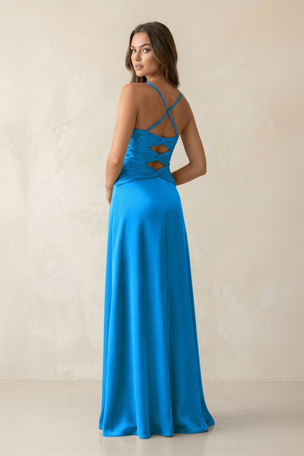 Cami Strap Pleated Sheath Satin Bridesmaid Dress in Blue Jay